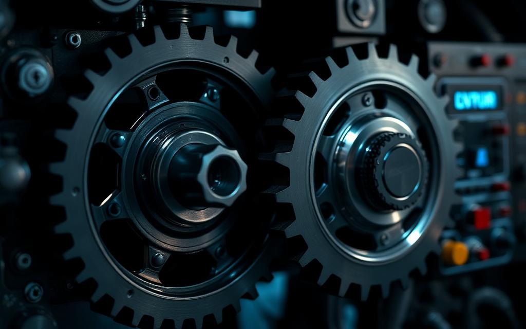 Close-up of precision gears and an automation controller