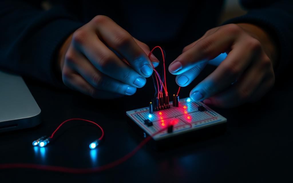 Close-up of hands wiring a student electronics learning kit